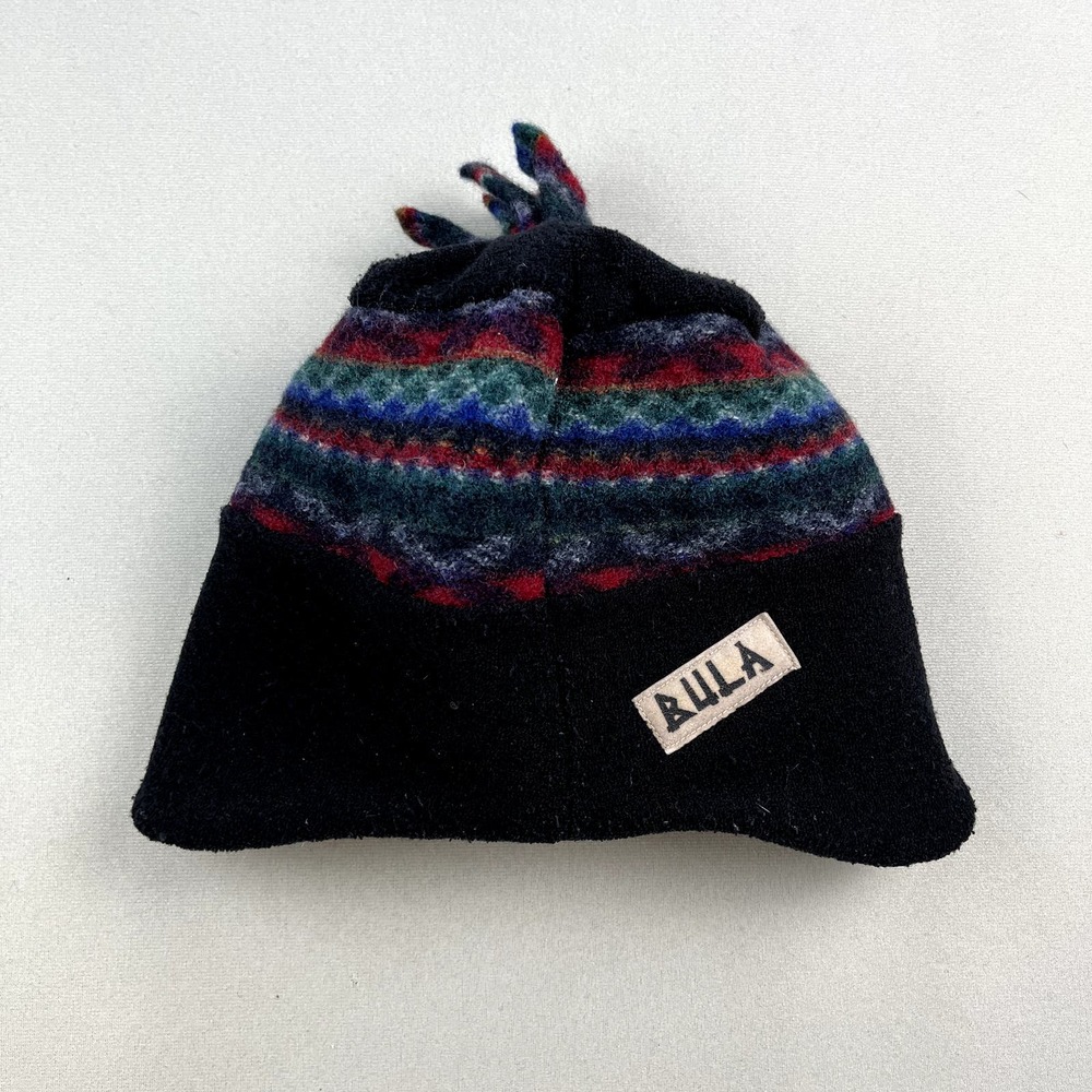 Vintage Bula Beanie Hat Cap Black 7-1/4 Fleece Ski Wool Blend Southwestern 90s